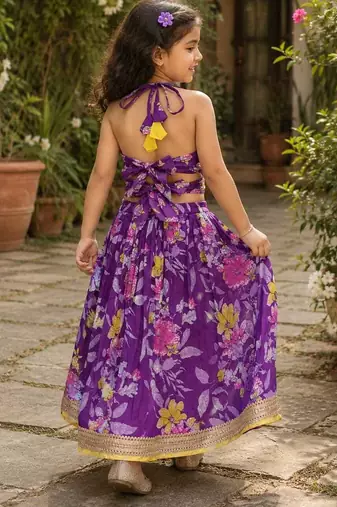 Purple cotton sleeveless floral print lehenga choli set