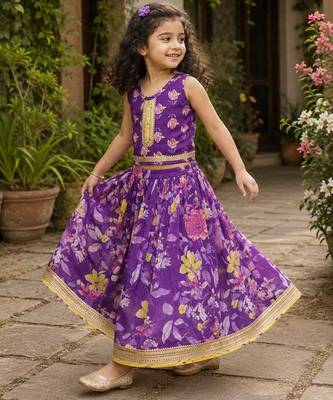 Purple cotton sleeveless floral print lehenga choli set 3