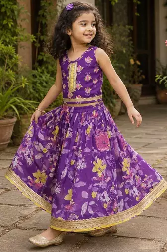 Purple cotton sleeveless floral print lehenga choli set