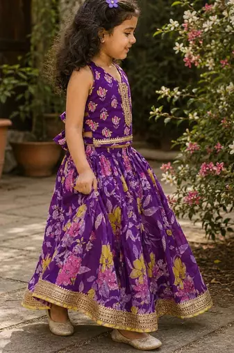 Purple cotton sleeveless floral print lehenga choli set