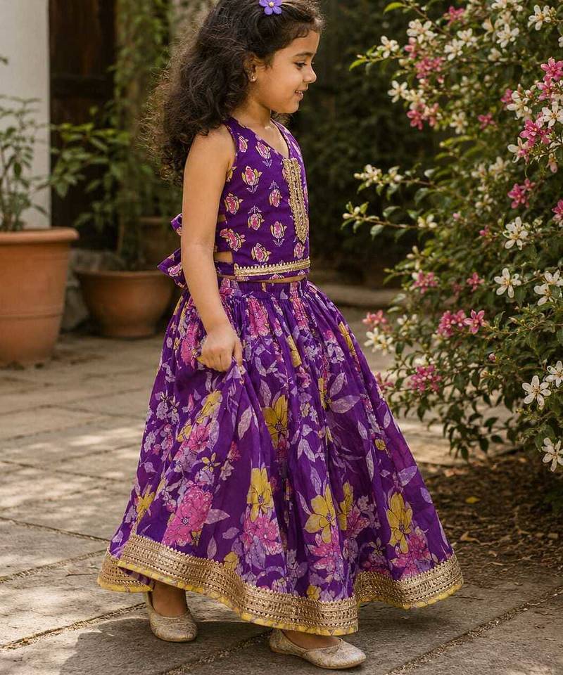 Purple cotton sleeveless floral print lehenga choli set