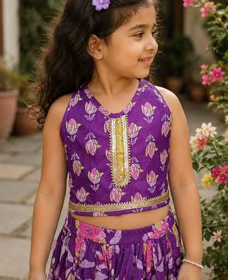 Purple cotton sleeveless floral print lehenga choli set 5