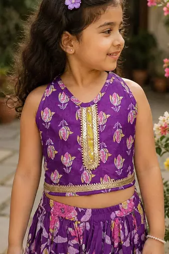 Purple cotton sleeveless floral print lehenga choli set