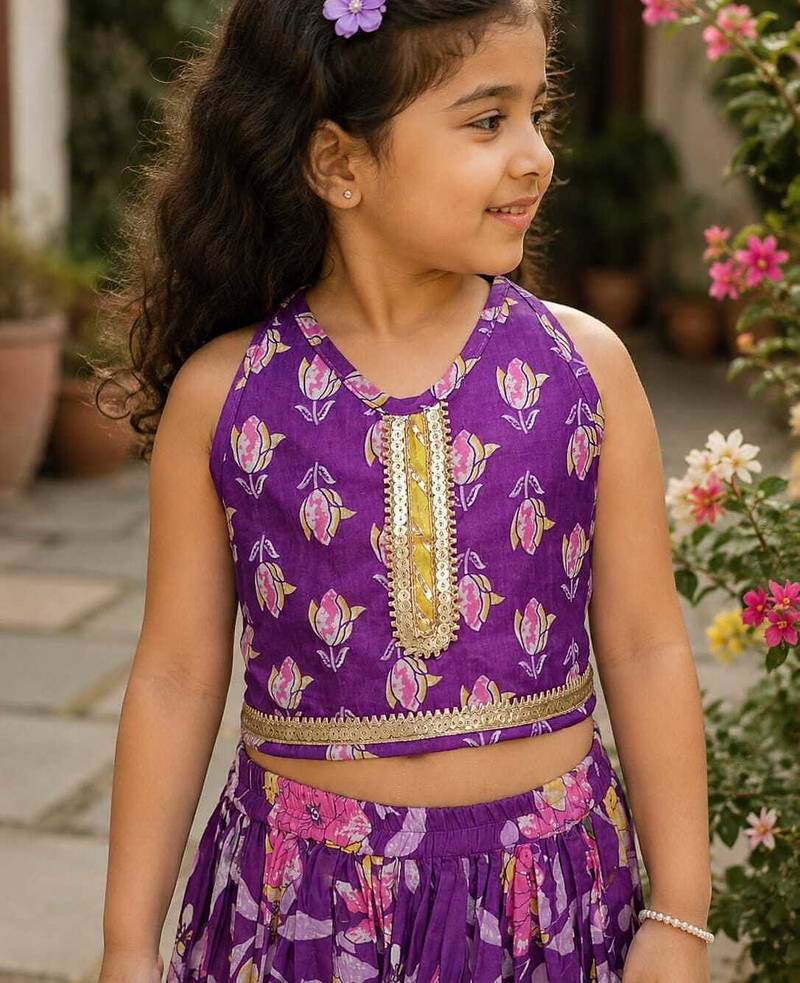 Purple cotton sleeveless floral print lehenga choli set