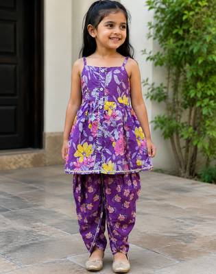 Purple pure cotton floral print sleeveless square neck dhoti and kurta set 1