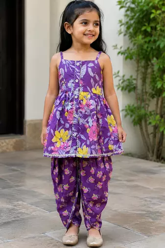 Purple pure cotton floral print sleeveless square neck dhoti and kurta set