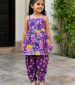Purple pure cotton floral print sleeveless square neck dhoti and kurta set