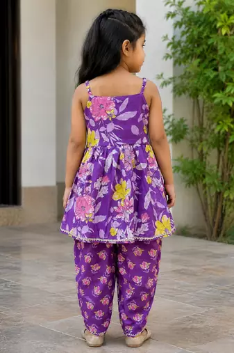 Purple pure cotton floral print sleeveless square neck dhoti and kurta set