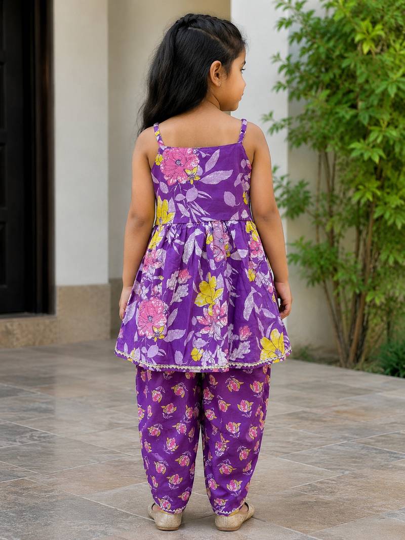 Purple pure cotton floral print sleeveless square neck dhoti and kurta set