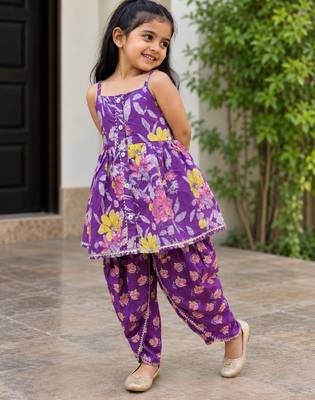 Purple pure cotton floral print sleeveless square neck dhoti and kurta set 3