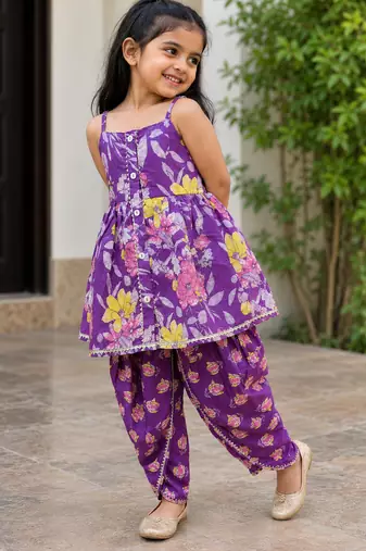 Purple pure cotton floral print sleeveless square neck dhoti and kurta set