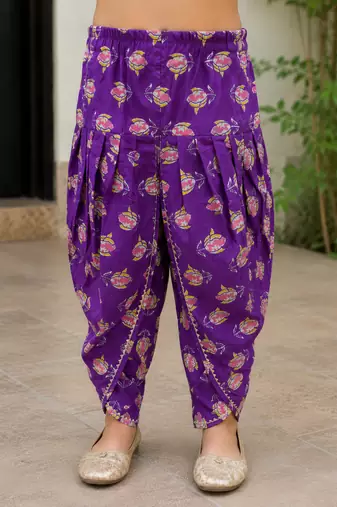 Purple pure cotton floral print sleeveless square neck dhoti and kurta set