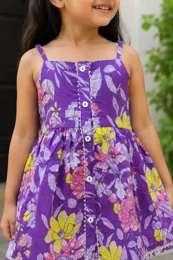 Purple pure cotton floral print sleeveless square neck dhoti and kurta set