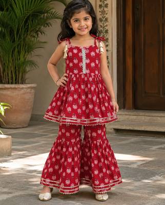 Red pure cotton floral print sleeveless square neck kurta and sharara set 1