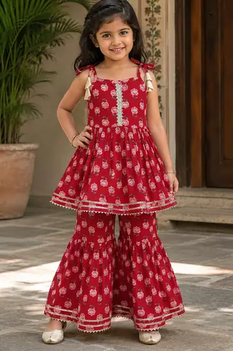 Red pure cotton floral print sleeveless square neck kurta and sharara set