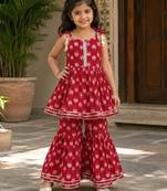 Red pure cotton floral print sleeveless square neck kurta and sharara set