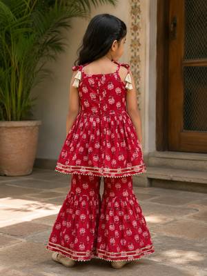 Red pure cotton floral print sleeveless square neck kurta and sharara set 2