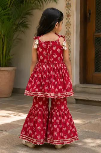 Red pure cotton floral print sleeveless square neck kurta and sharara set