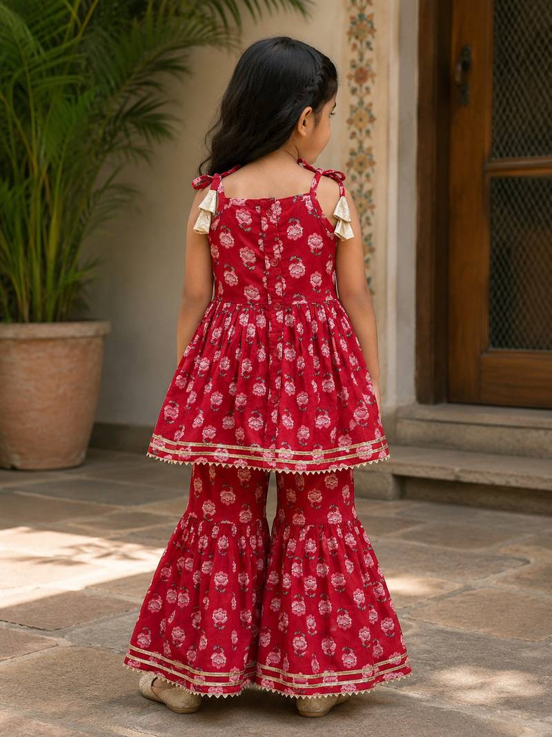 Red pure cotton floral print sleeveless square neck kurta and sharara set