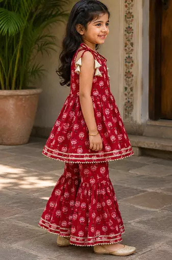 Red pure cotton floral print sleeveless square neck kurta and sharara set