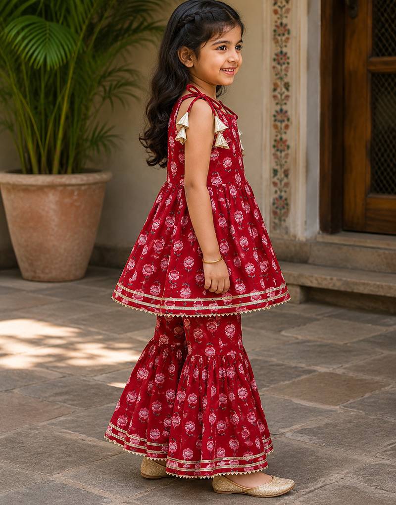 Red pure cotton floral print sleeveless square neck kurta and sharara set
