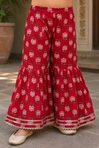 Red pure cotton floral print sleeveless square neck kurta and sharara set