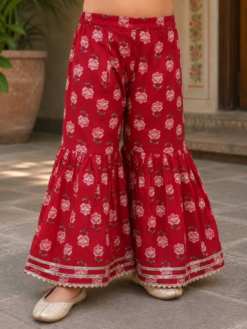 Red pure cotton floral print sleeveless square neck kurta and sharara set