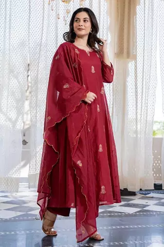 Dark Rose Chanderi Kurta Suit Set