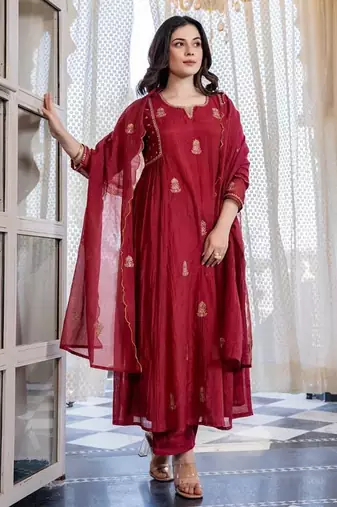Dark Rose Chanderi Kurta Suit Set