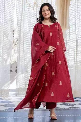 Dark Rose Chanderi Kurta Suit Set