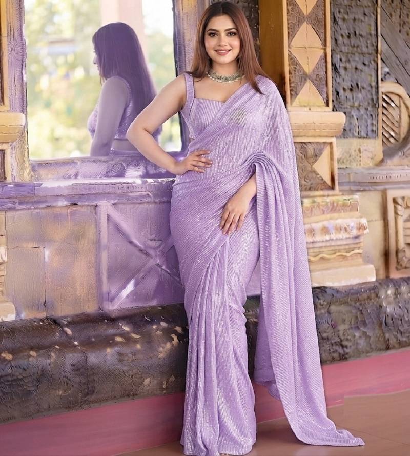 purple pure georgette embellished sequinned party wear saree