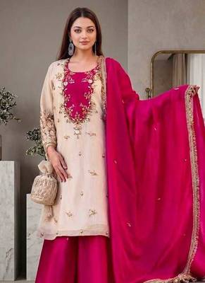 White/Pink Maska Cotton beautiful embroidery and Sequin work 3pc suit  1