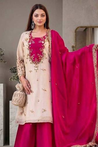 White/Pink Maska Cotton beautiful embroidery and Sequin work 3pc suit 