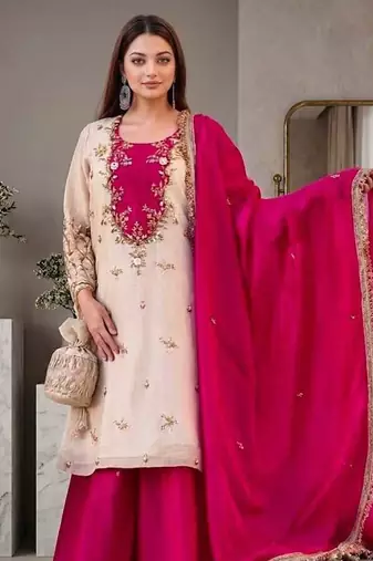 White/Pink Maska Cotton beautiful embroidery and Sequin work 3pc suit 