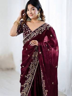 Wine jimmy choo zari butti work embellished wedding wear saree 5