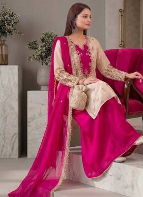 White/Pink Maska Cotton beautiful embroidery and Sequin work 3pc suit  2