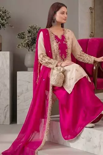 White/Pink Maska Cotton beautiful embroidery and Sequin work 3pc suit 