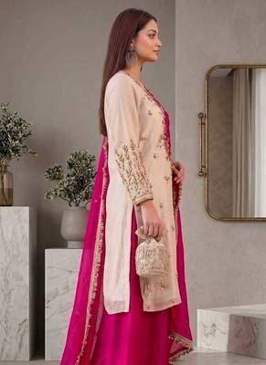 White/Pink Maska Cotton beautiful embroidery and Sequin work 3pc suit  3