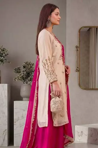 White/Pink Maska Cotton beautiful embroidery and Sequin work 3pc suit 
