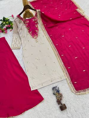 White/Pink Maska Cotton beautiful embroidery and Sequin work 3pc suit  4