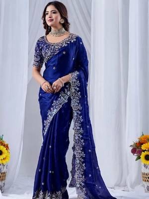 royal blue jimmy choo embroidered embellished havy work wedding wear saree 4