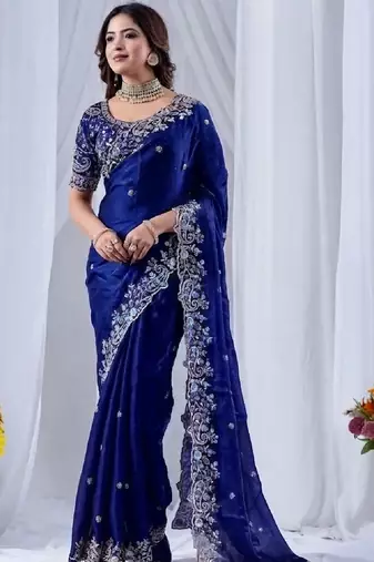 royal blue jimmy choo embroidered embellished havy work wedding wear saree