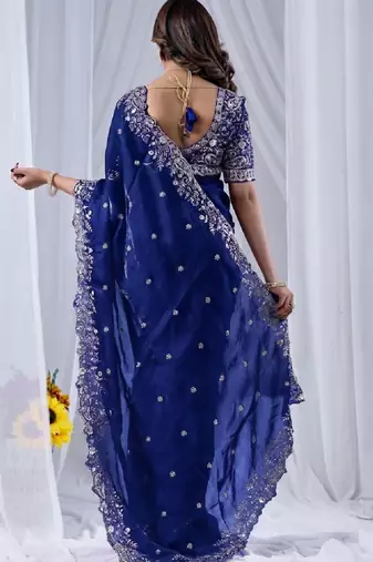 royal blue jimmy choo embroidered embellished havy work wedding wear saree