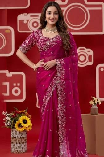 pink jimmy choo embroidered embellished havy work wedding wear saree