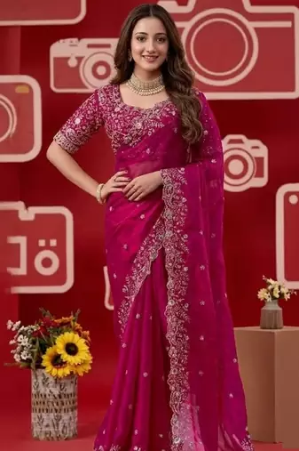 pink jimmy choo embroidered embellished havy work wedding wear saree