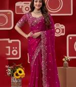 pink jimmy choo embroidered embellished havy work wedding wear saree