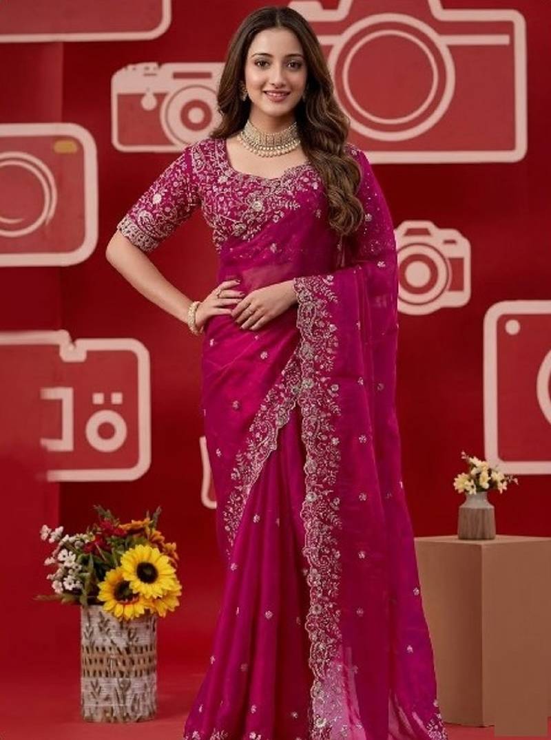 pink jimmy choo embroidered embellished havy work wedding wear saree