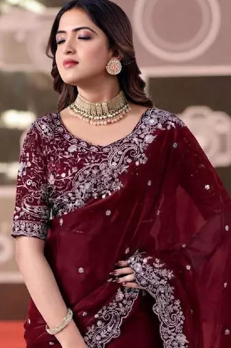 wine jimmy choo embroidered embellished havy work wedding wear saree