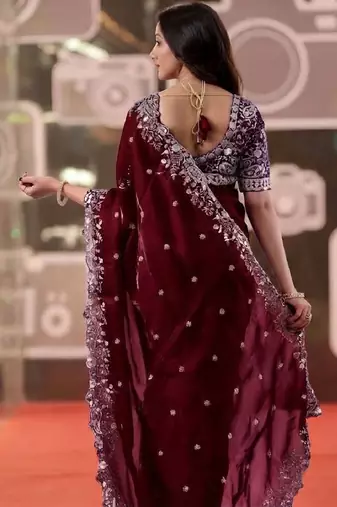 wine jimmy choo embroidered embellished havy work wedding wear saree