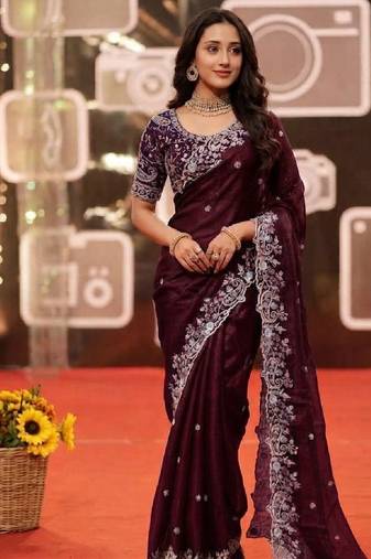 wine jimmy choo embroidered embellished havy work wedding wear saree